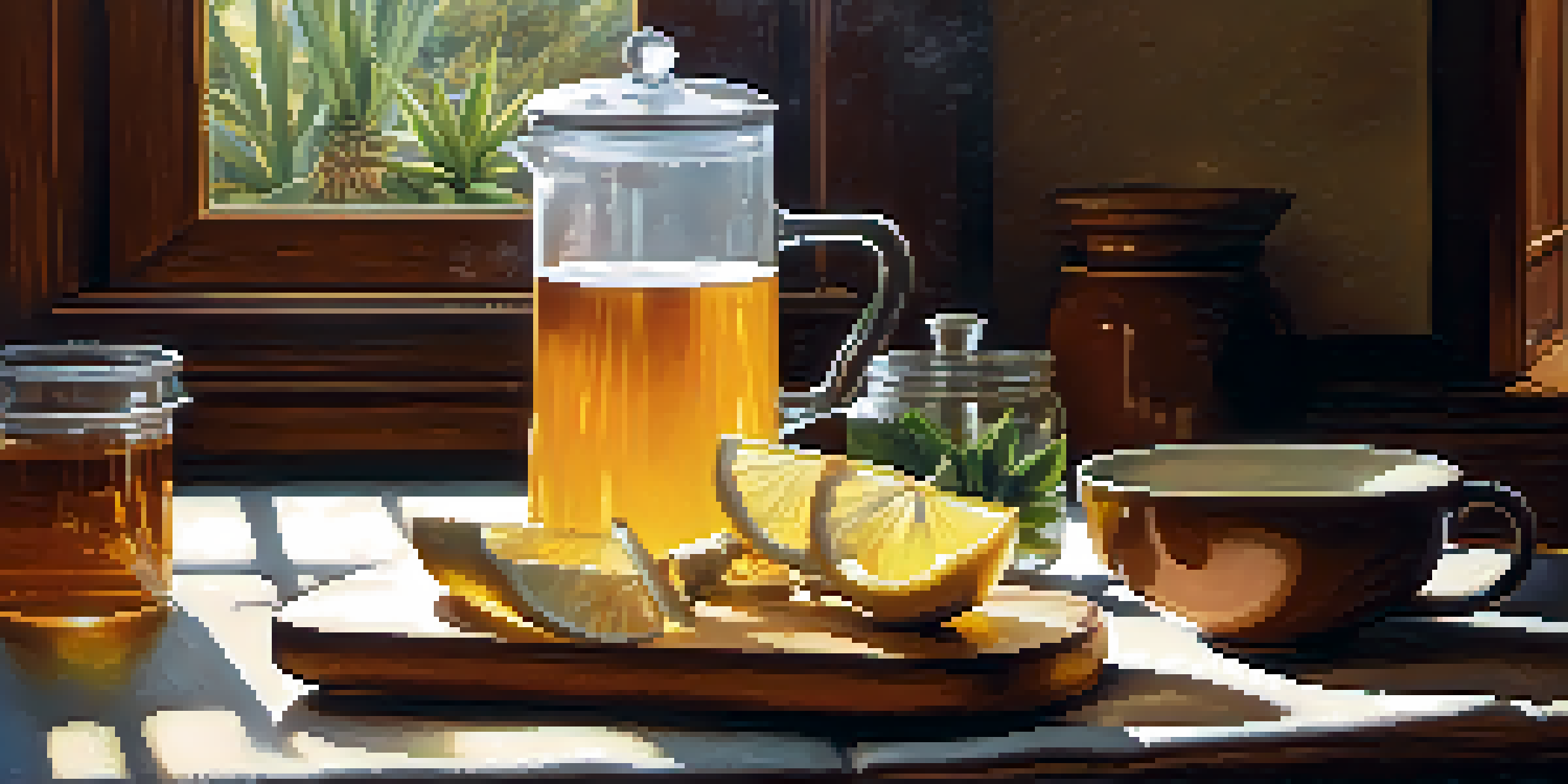 A cozy kitchen with a steaming cup of herbal tea, ginger, and lemon on a wooden table, illuminated by warm sunlight.