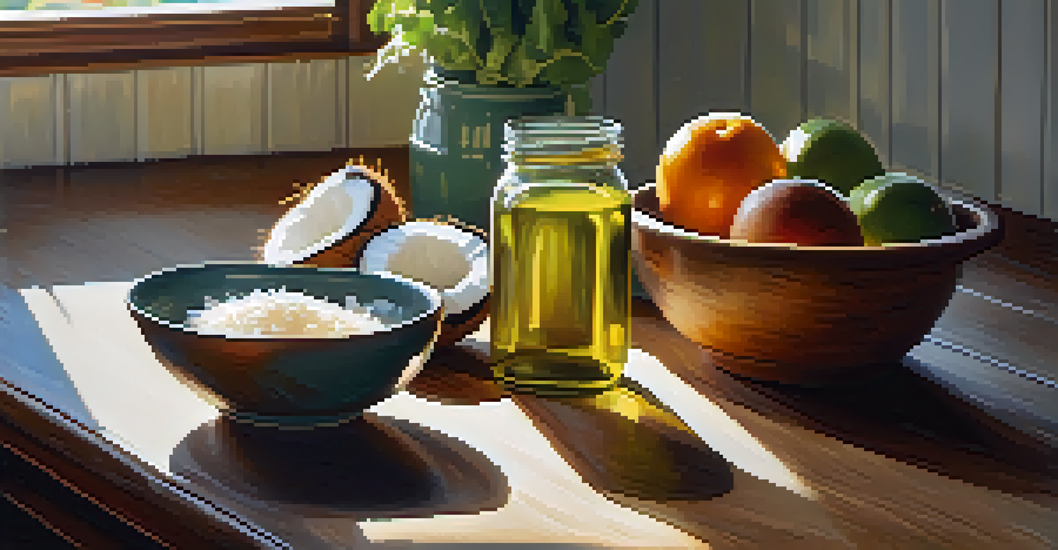 A kitchen counter with a jar of coconut oil, fresh vegetables, and fruits, illuminated by sunlight.