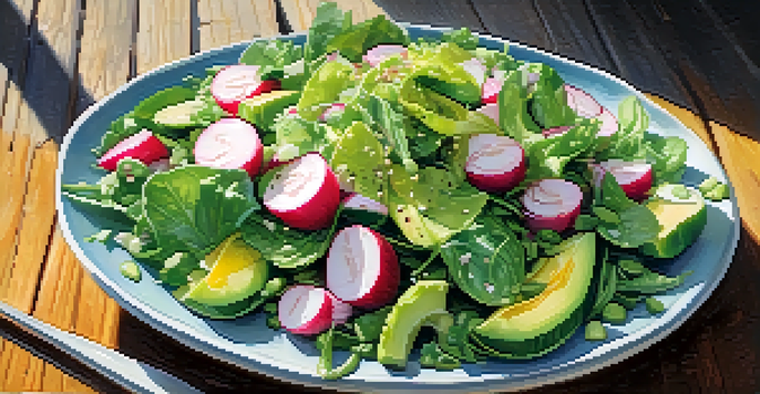 A colorful spring salad with fresh greens, radishes, cucumbers, avocado, and sunflower seeds, drizzled with lemon vinaigrette on a wooden table.