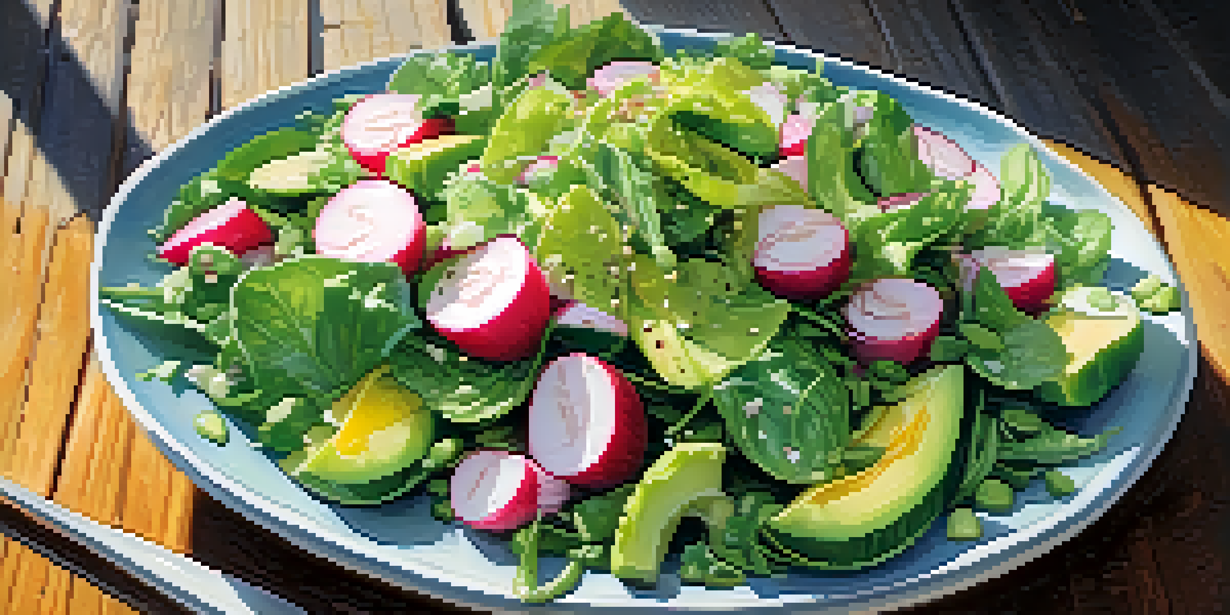 A colorful spring salad with fresh greens, radishes, cucumbers, avocado, and sunflower seeds, drizzled with lemon vinaigrette on a wooden table.