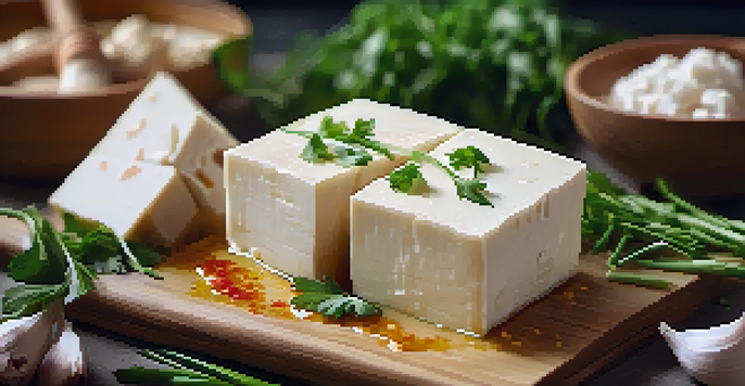Close-up of fermented tofu on a wooden cutting board with fresh garlic, ginger, and herbs, showcasing its marinated texture.