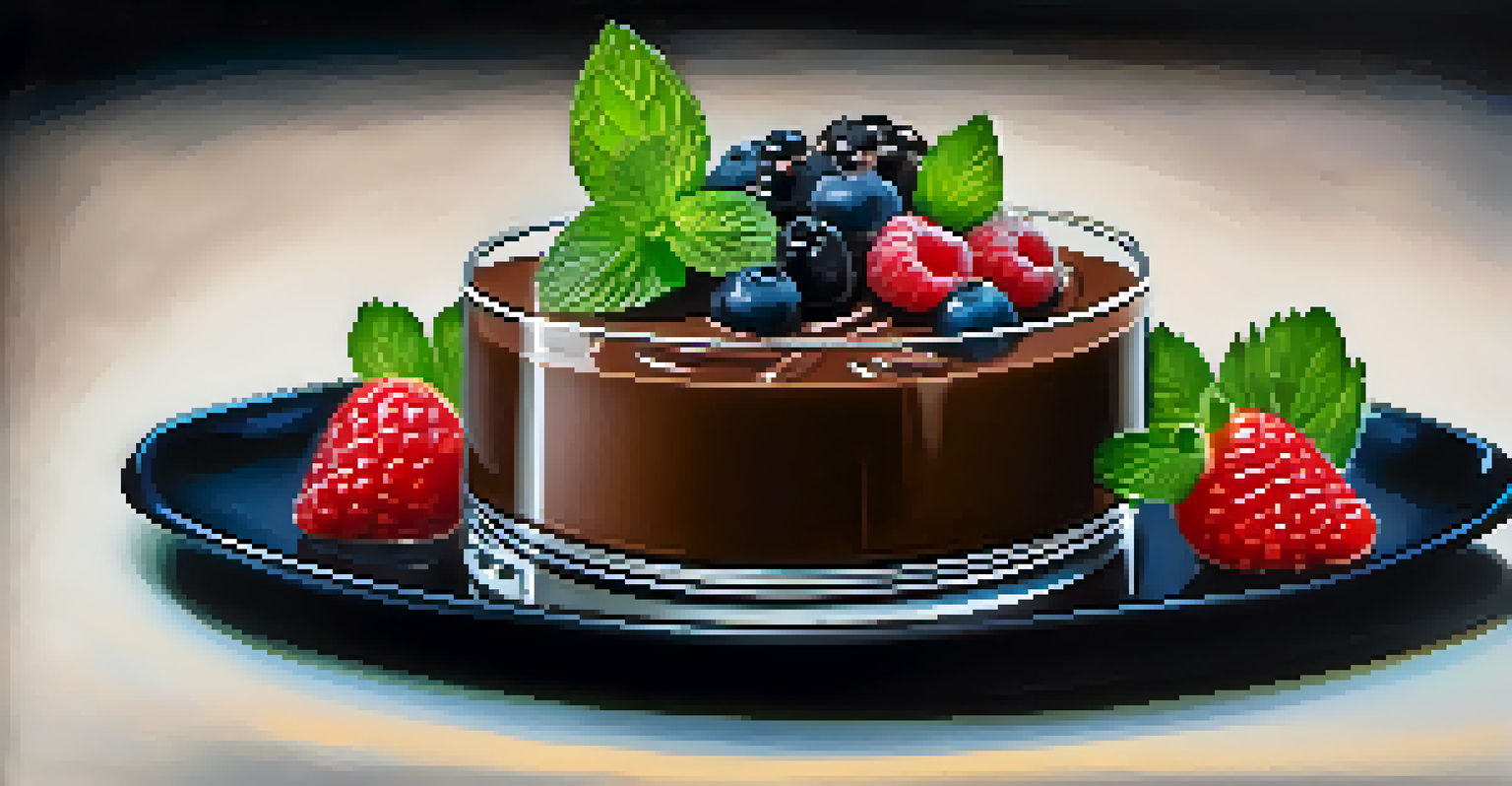 A chocolate mousse dessert made with silken tofu, topped with berries and mint, presented in an elegant glass.