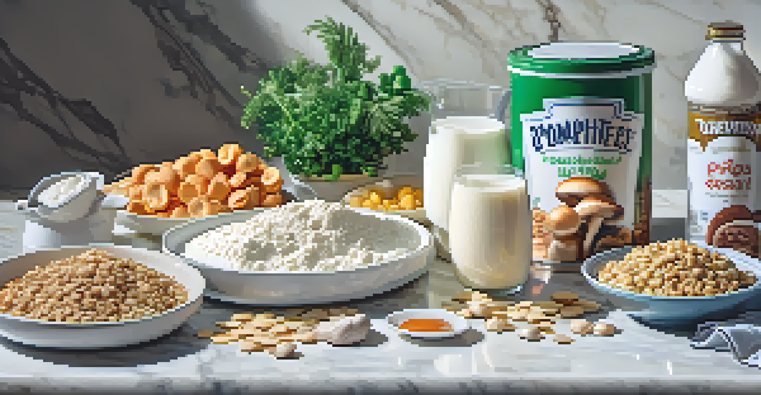 An artistic display of fortified vegan foods including plant milk, cereal, and UV-exposed mushrooms on a marble countertop, highlighted by natural light and fresh herbs.