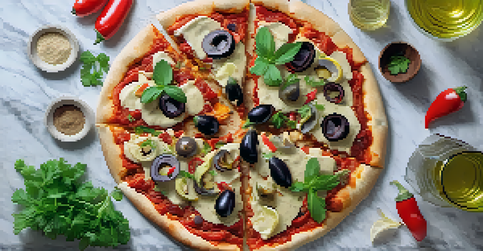 A Mediterranean-inspired vegan pizza with hummus base and vibrant toppings on a marble countertop, next to a glass of infused water.