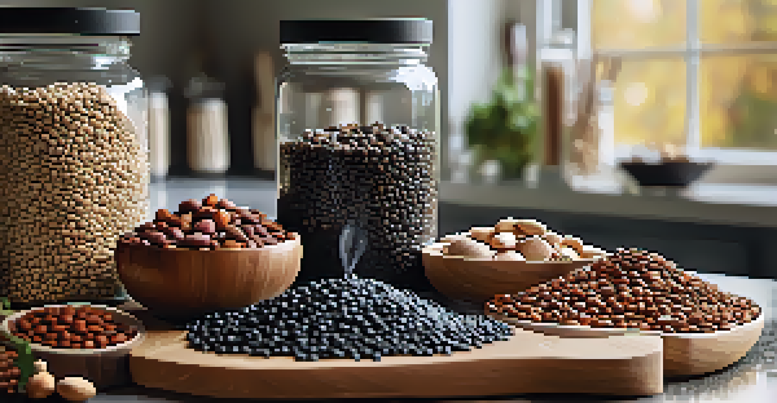 An arrangement of plant-based protein sources like lentils, beans, and nuts on a countertop.