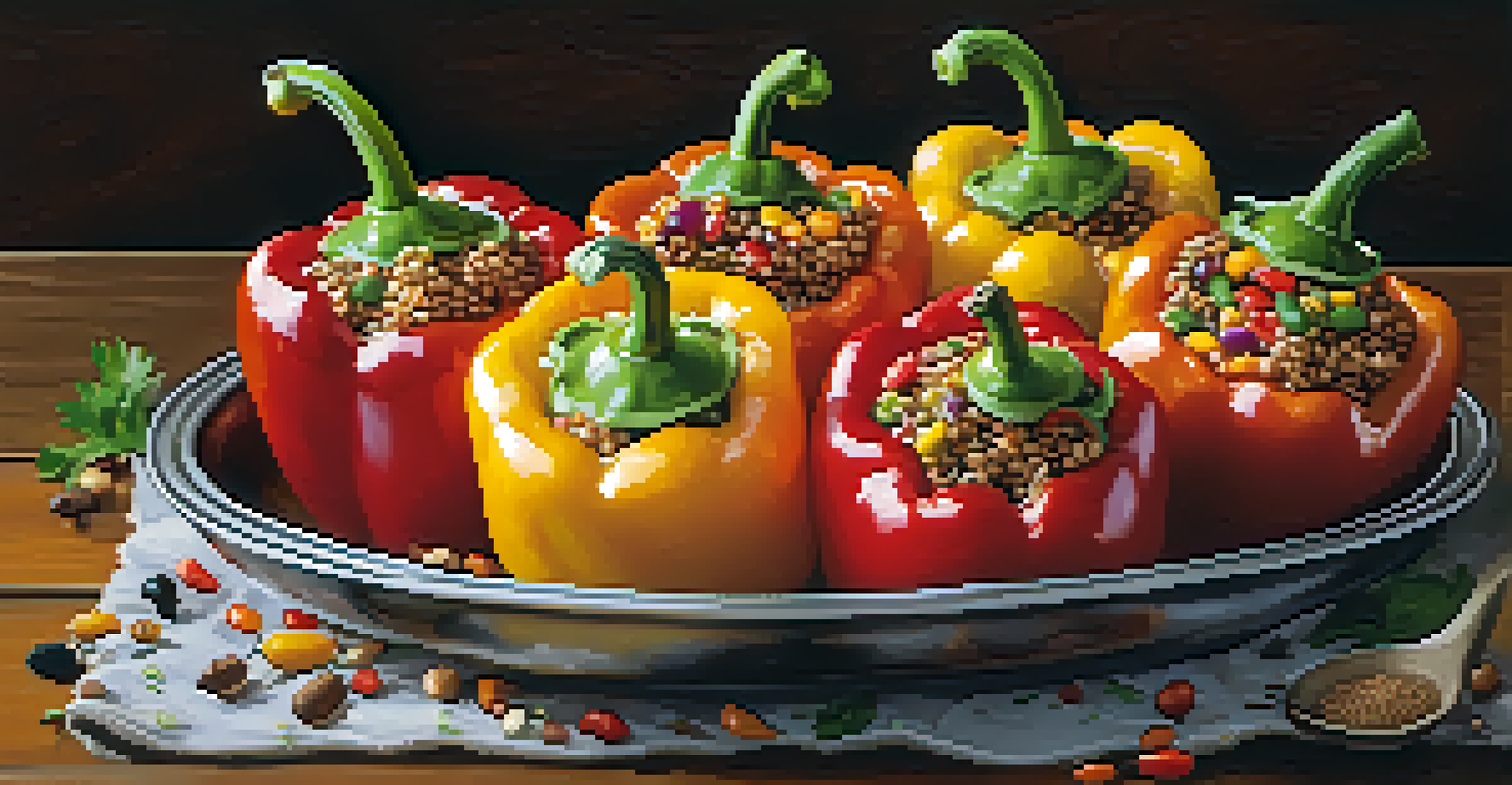 A platter of stuffed bell peppers filled with grains and beans, garnished with lime juice and herbs.