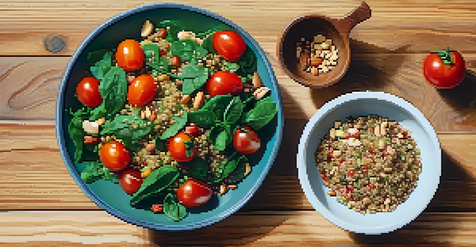A colorful arrangement of a quinoa salad with vegetables and a bowl of mixed nuts on a wooden table, illuminated by sunlight.