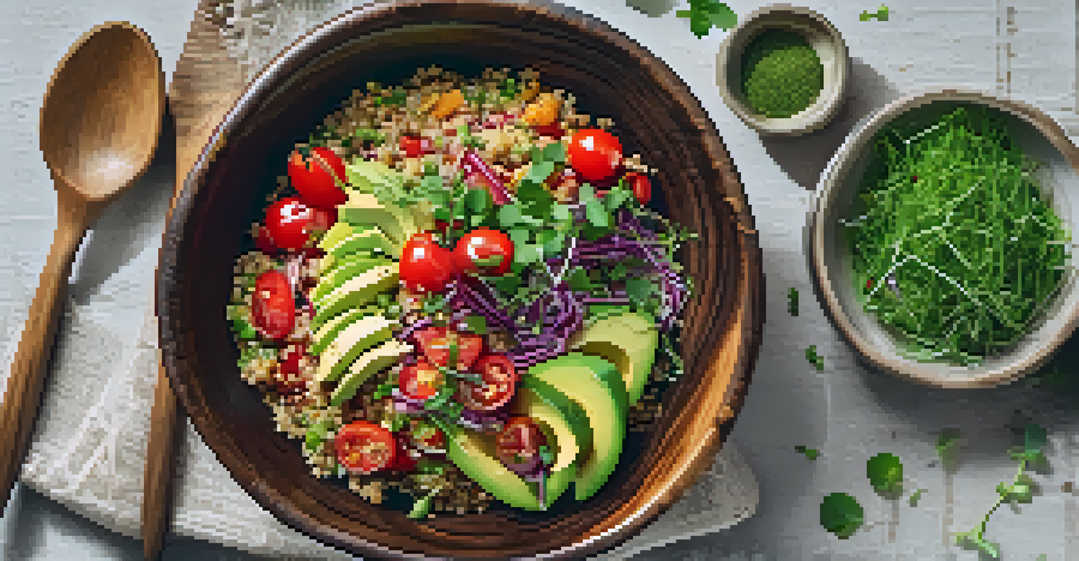 An overhead view of a colorful quinoa salad in a rustic bowl, garnished with avocado and cherry tomatoes, set on a textured table.