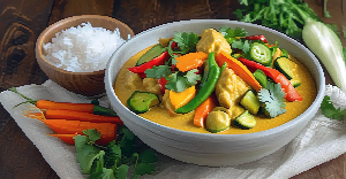 A colorful bowl of vegan coconut curry with assorted vegetables and jasmine rice on a wooden table.