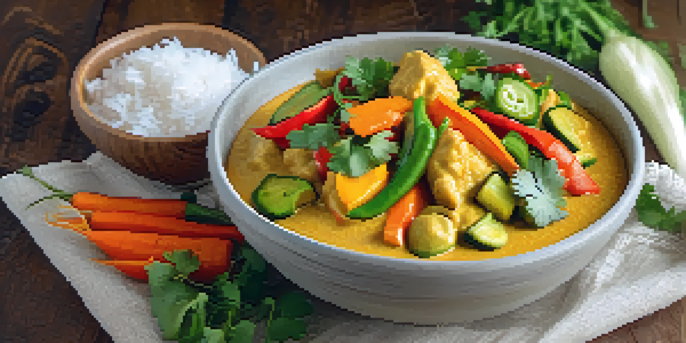 A colorful bowl of vegan coconut curry with assorted vegetables and jasmine rice on a wooden table.