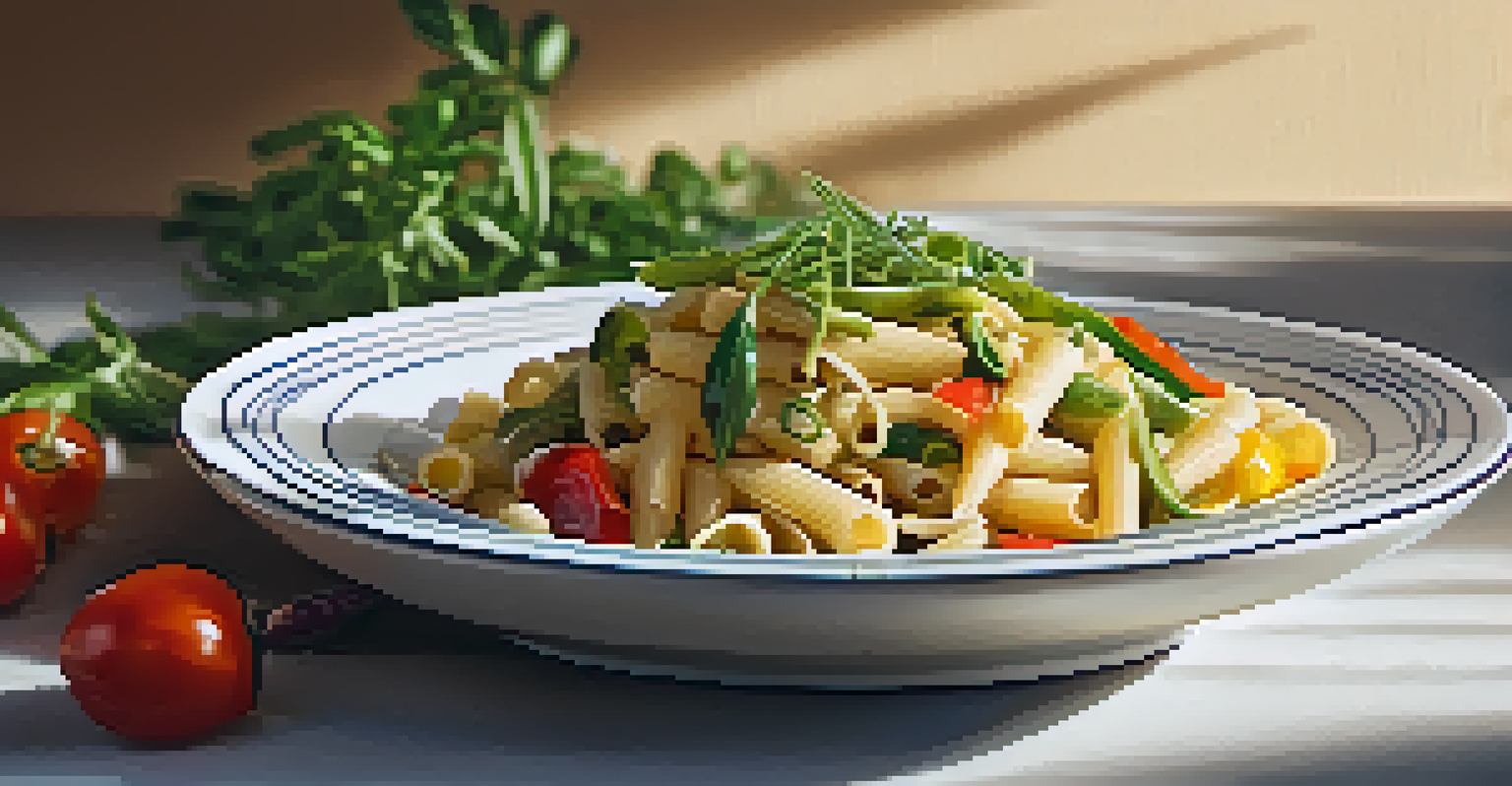 A bottle of olive oil drizzled over whole grain pasta with colorful vegetables and fresh herbs in warm lighting.