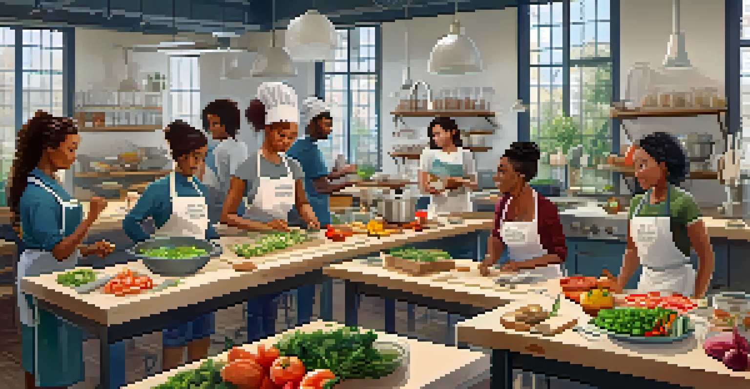 A cooking workshop with diverse participants learning to make healthy vegan meals in a community center kitchen.