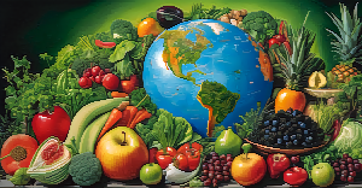 A globe surrounded by an array of plant-based foods, representing global veganism and environmental awareness, with green landscapes in the background.