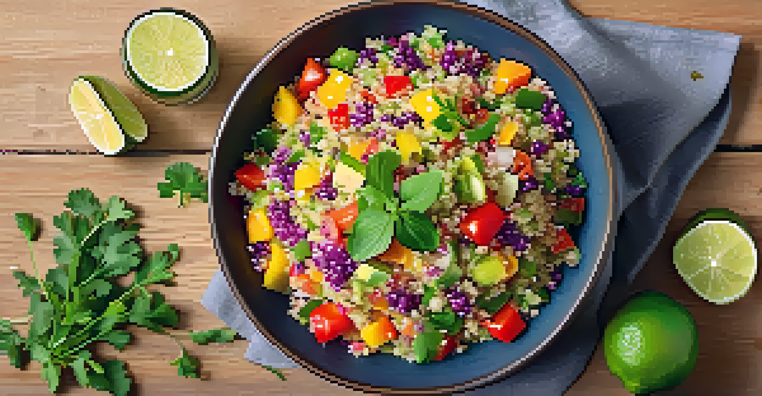 A quinoa salad with diced vegetables and lime wedges, sprinkled with cumin, arranged in a bowl on a wooden table.