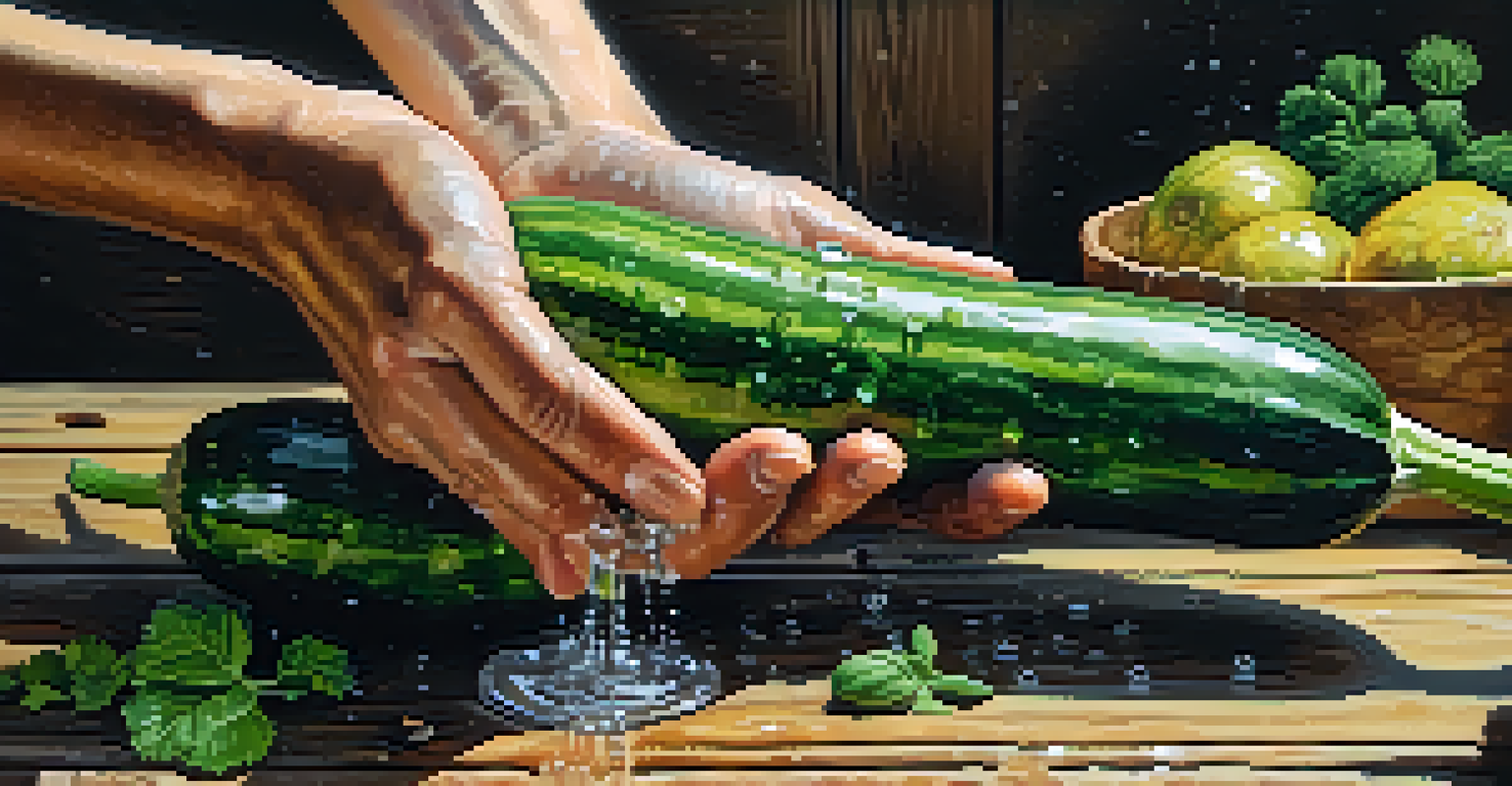 A hand holding a fresh zucchini with water droplets, surrounded by local vegetables on a wooden table.