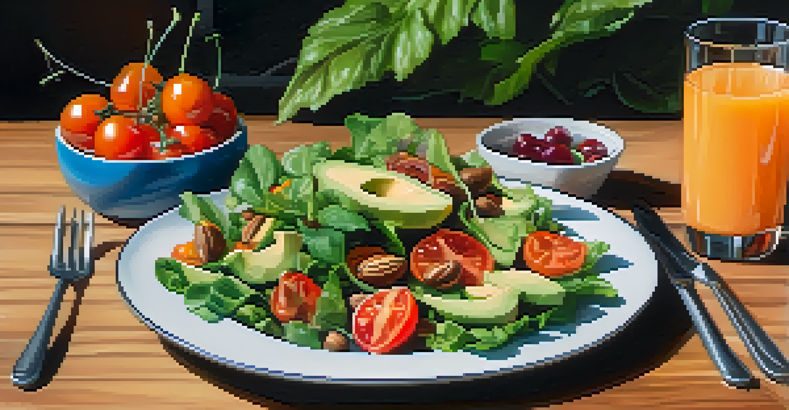 A beautifully arranged vegan meal on a wooden table, featuring a colorful salad and a glass of fresh juice, illuminated by soft natural lighting.