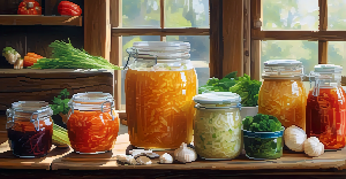 A variety of fermented foods such as sauerkraut, kimchi, and kombucha arranged on a wooden table with fresh vegetables and herbs.
