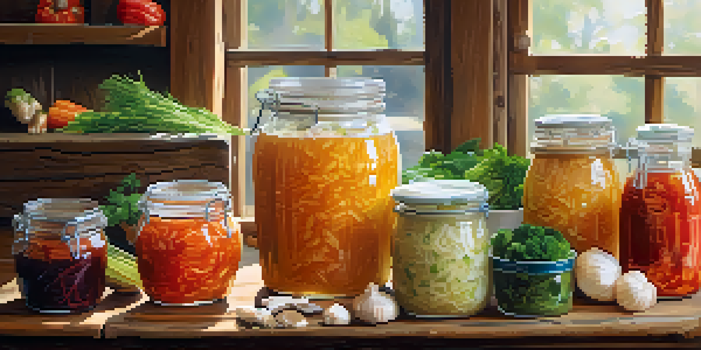 A variety of fermented foods such as sauerkraut, kimchi, and kombucha arranged on a wooden table with fresh vegetables and herbs.