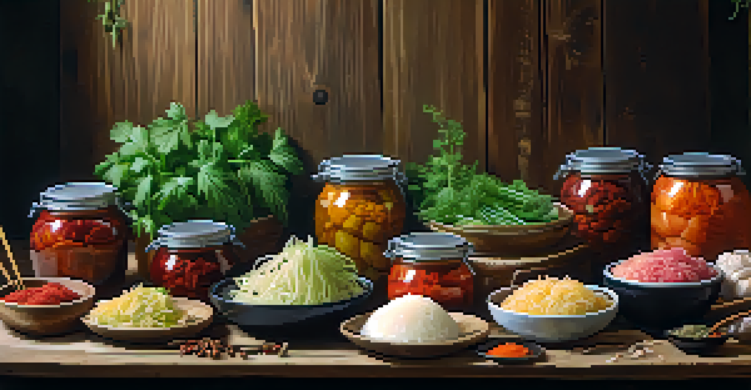 A rustic wooden table with jars of fermented foods like kimchi and sauerkraut, surrounded by herbs and spices.