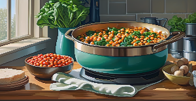 A warm kitchen with a pot of colorful chickpea and spinach stew on the stove, surrounded by fresh vegetables.
