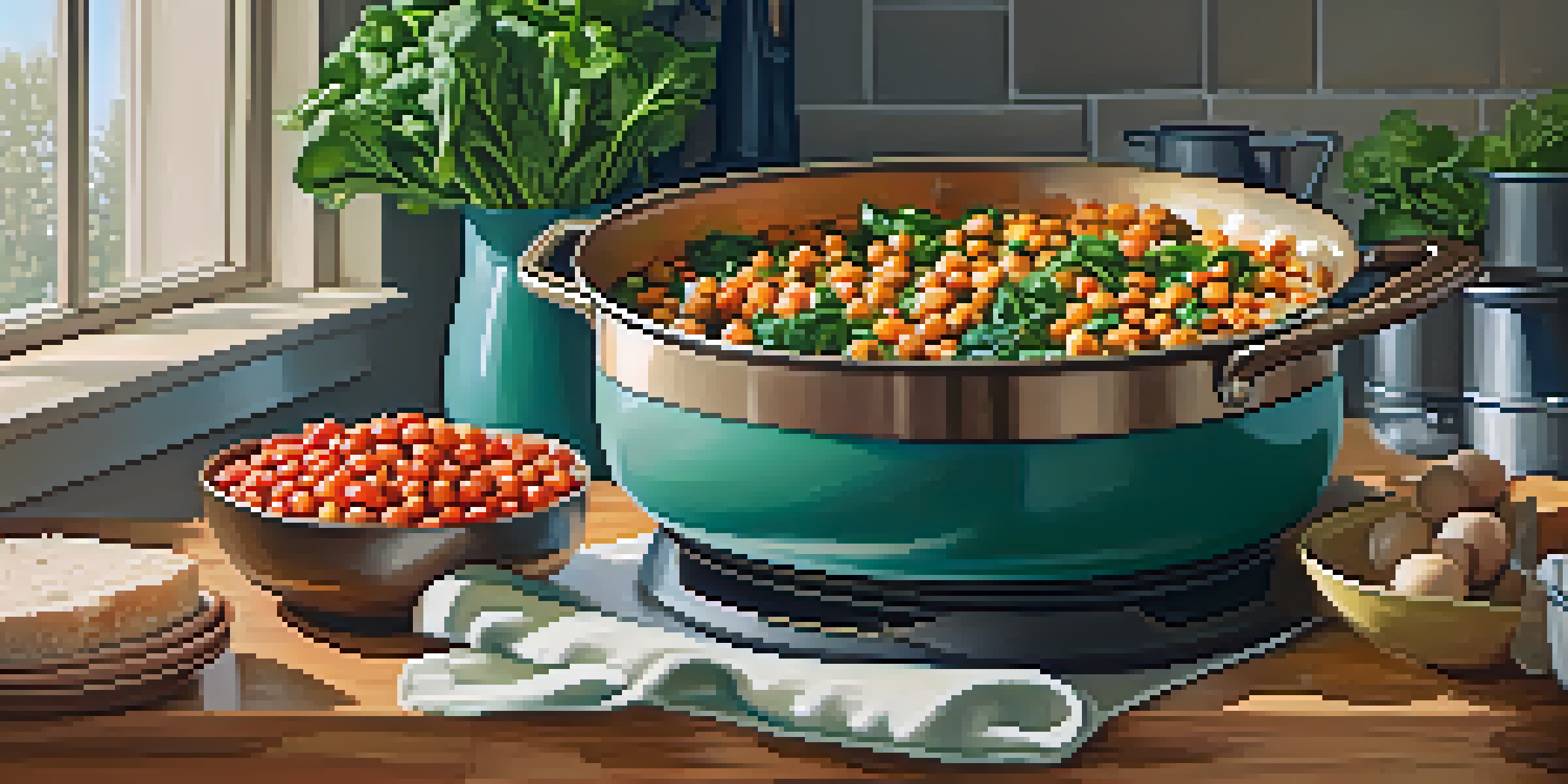 A warm kitchen with a pot of colorful chickpea and spinach stew on the stove, surrounded by fresh vegetables.