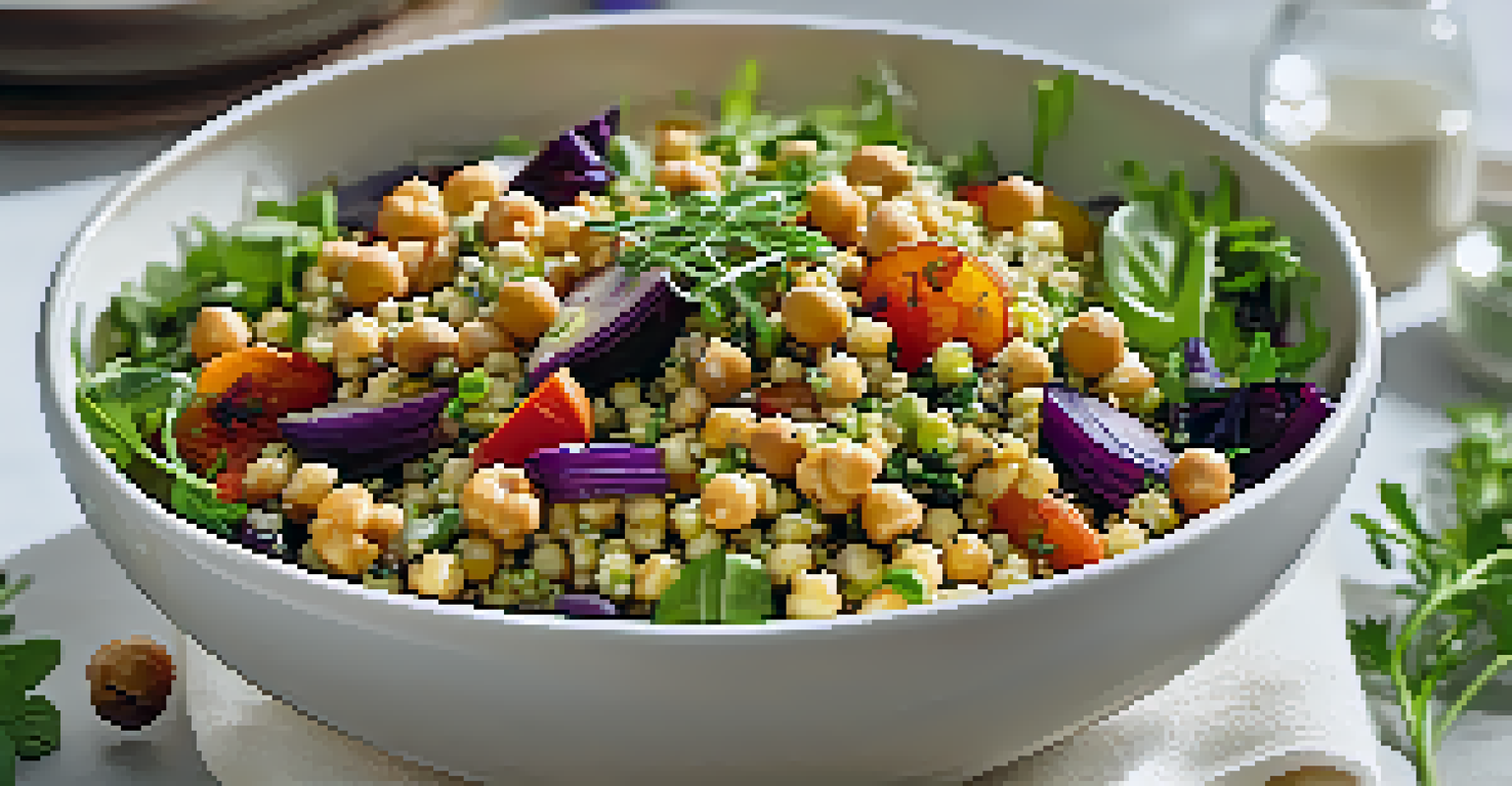 A colorful salad with millet, roasted vegetables, and chickpeas in a white bowl, garnished with fresh herbs on a bright kitchen countertop.