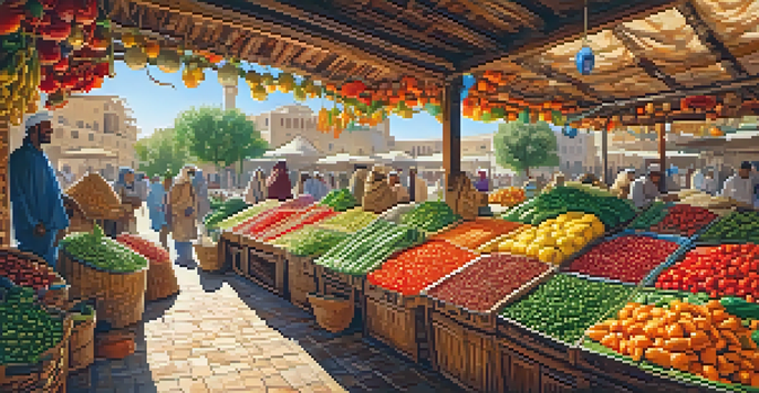 A colorful market stall filled with fresh vegetables and spices, showcasing bell peppers, cucumbers, and tomatoes in wicker baskets, set against a sunlit backdrop of fabrics and mosaic tiles.