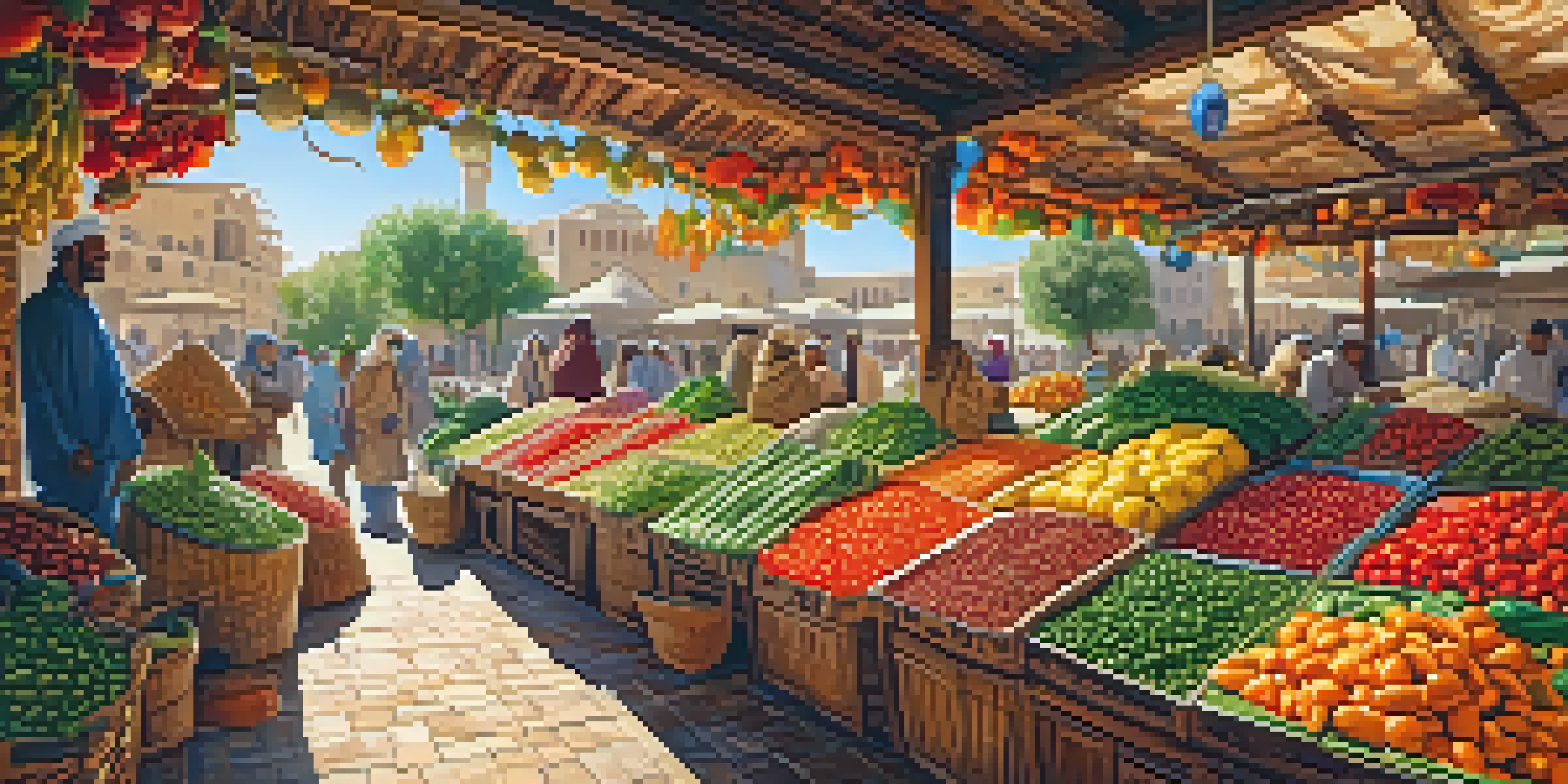 A colorful market stall filled with fresh vegetables and spices, showcasing bell peppers, cucumbers, and tomatoes in wicker baskets, set against a sunlit backdrop of fabrics and mosaic tiles.