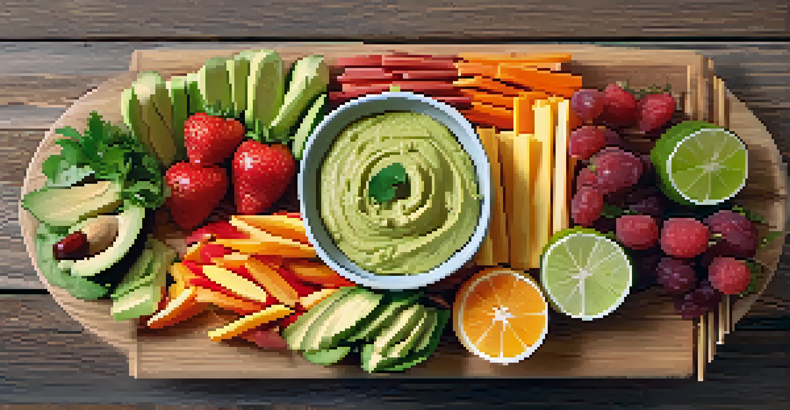 A colorful vegan snack platter with fruit skewers, veggie sticks, and dips displayed on a rustic wooden table.