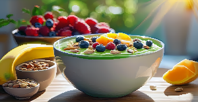 A vibrant breakfast scene with a smoothie bowl topped with fruits, chia seeds, and nuts, set on a wooden table with sunlight and a green plant in the background.