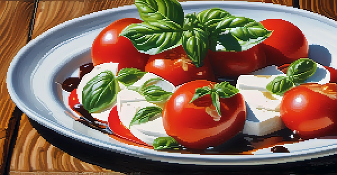 A colorful caprese salad with ripe tomatoes, fresh basil, and vegan cheese on a wooden table, illuminated by soft afternoon light.