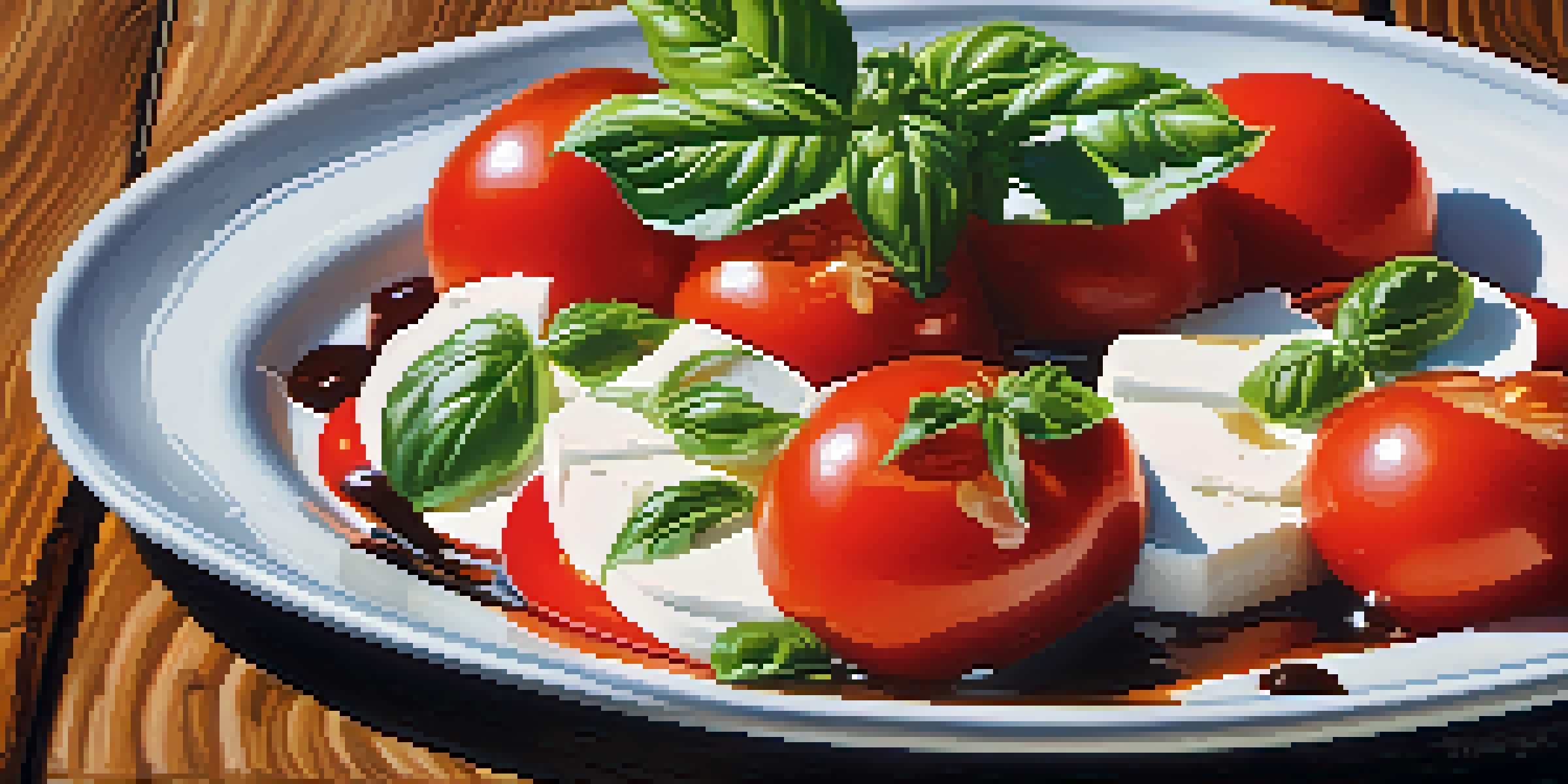 A colorful caprese salad with ripe tomatoes, fresh basil, and vegan cheese on a wooden table, illuminated by soft afternoon light.