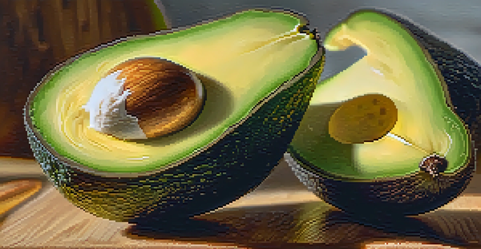 A sliced avocado on a wooden cutting board with honey, yogurt, and lemon slices in the background.