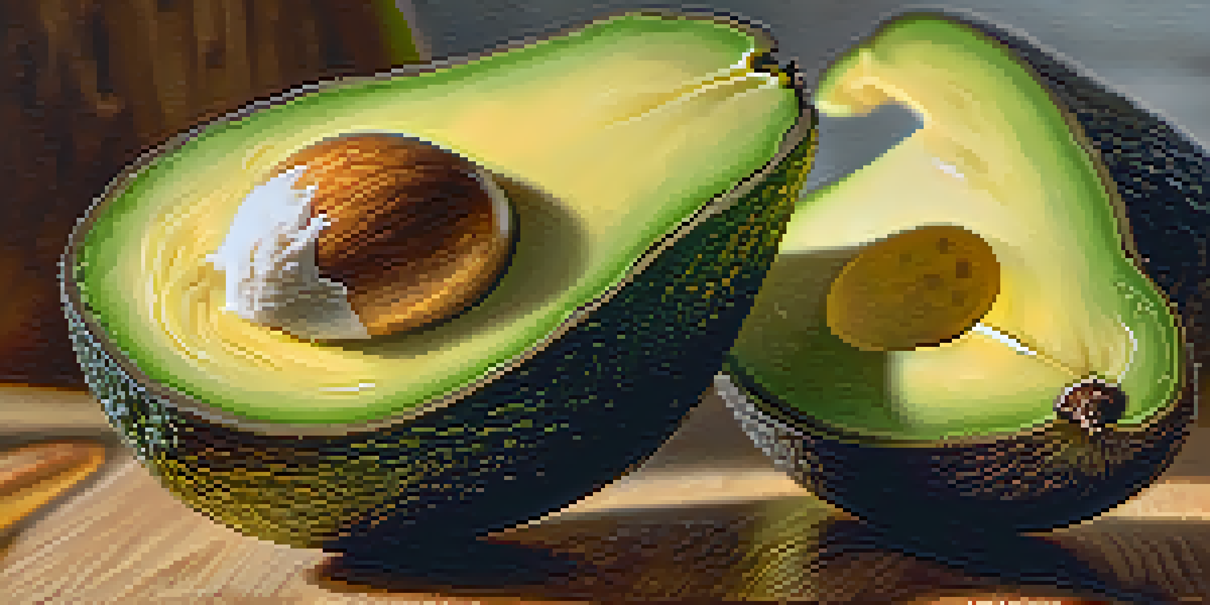A sliced avocado on a wooden cutting board with honey, yogurt, and lemon slices in the background.