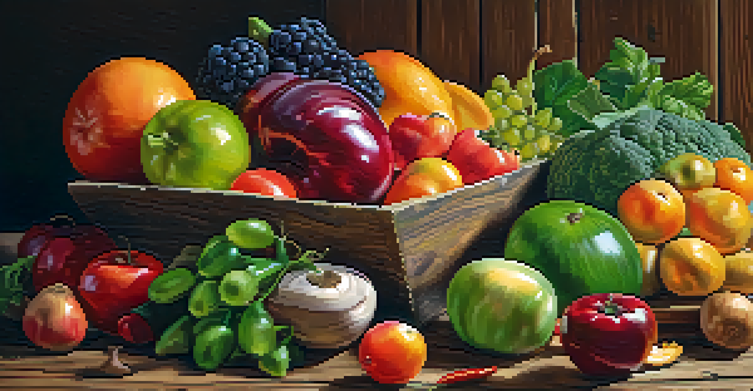A vibrant arrangement of various fruits and vegetables on a wooden table, showcasing healthy food choices.