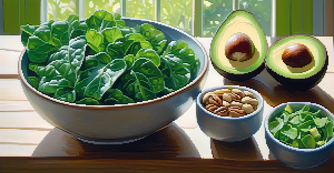 A colorful bowl filled with fresh leafy greens, avocado slices, and nuts, set on a wooden table with natural lighting.