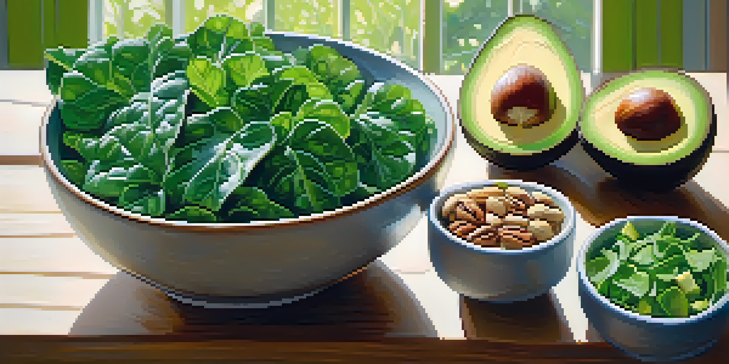 A colorful bowl filled with fresh leafy greens, avocado slices, and nuts, set on a wooden table with natural lighting.