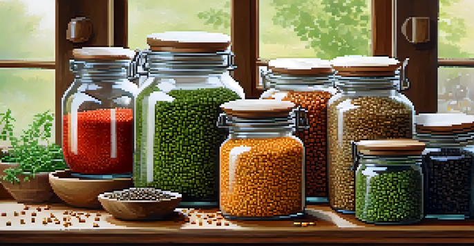 A kitchen countertop with glass jars filled with different types of lentils, surrounded by herbs and spices, illuminated by natural light.