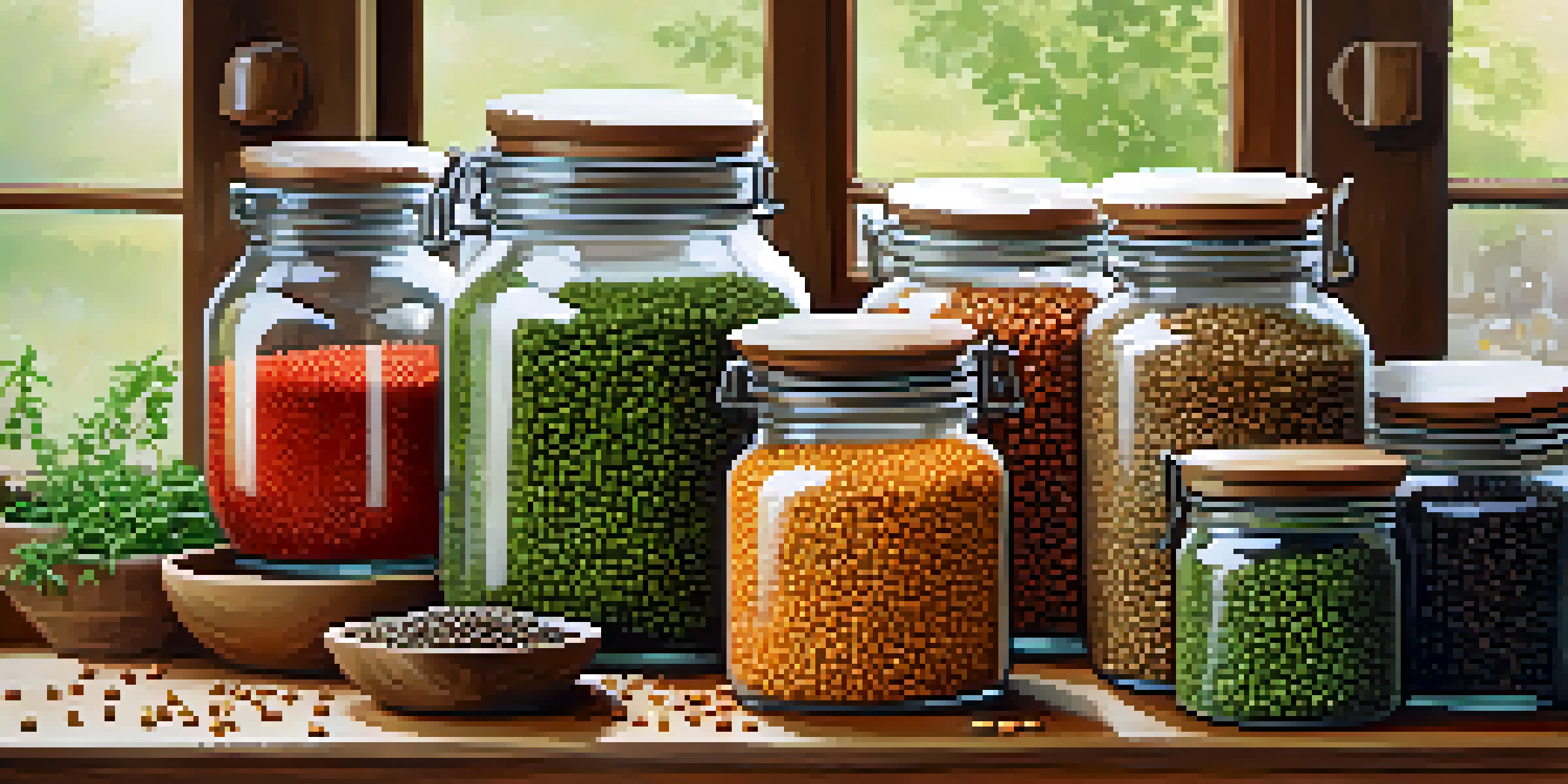 A kitchen countertop with glass jars filled with different types of lentils, surrounded by herbs and spices, illuminated by natural light.