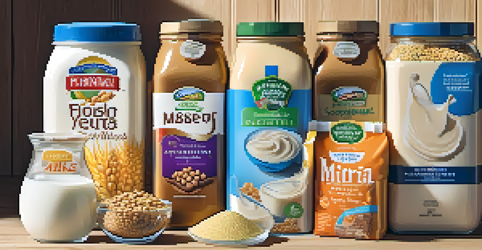 A variety of fortified vegan foods displayed on a wooden table, including plant-based milks and breakfast cereals, under soft morning light.