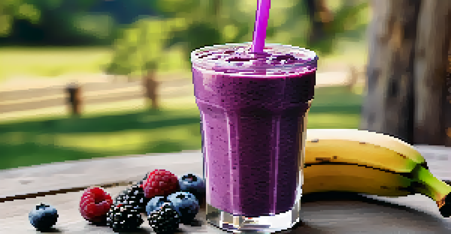 A travel cup filled with a purple smoothie, surrounded by fresh berries and a banana, set on a wooden table outdoors.