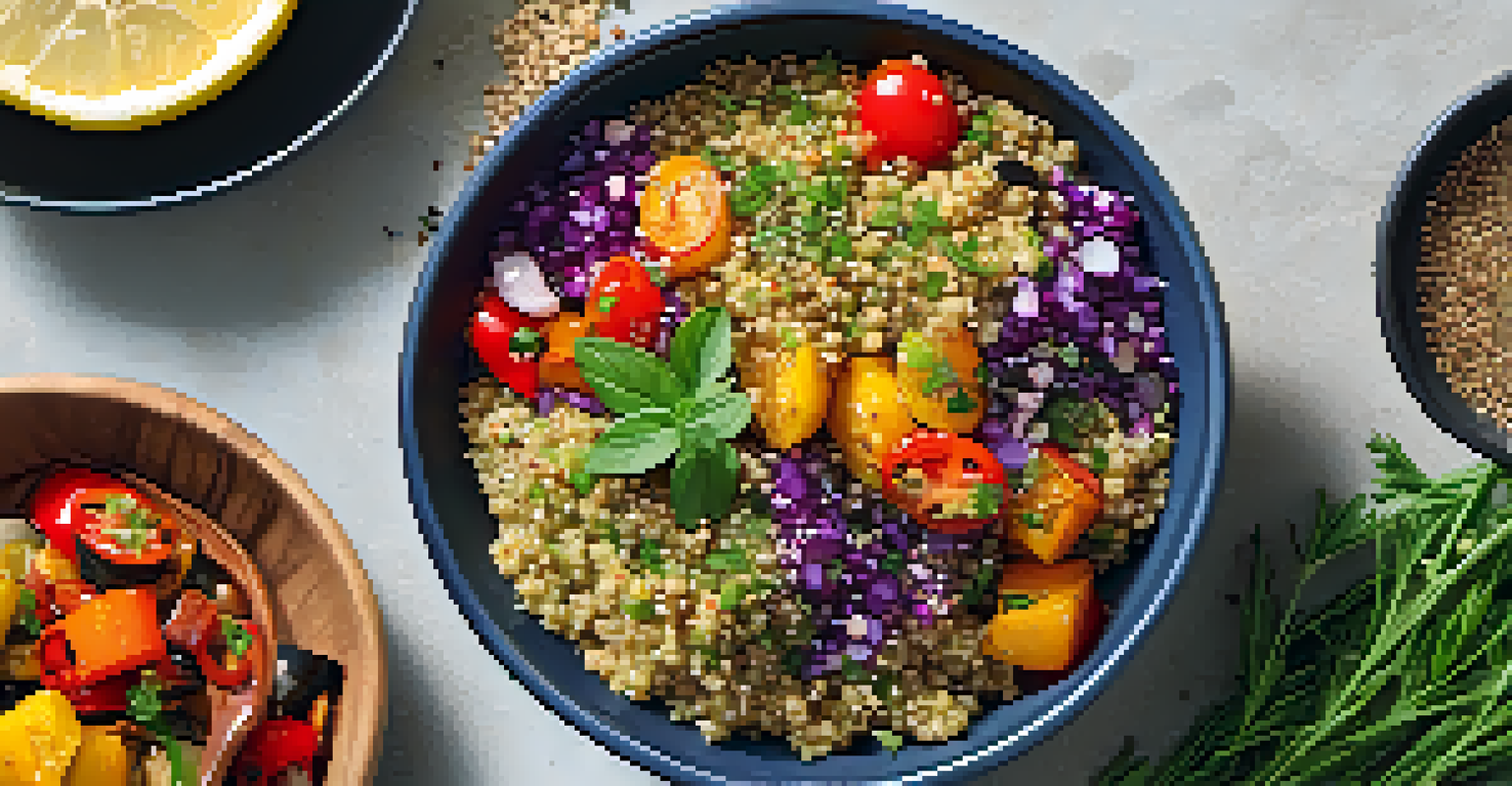 An overhead view of a vibrant grain bowl filled with quinoa and roasted vegetables, topped with Za'atar spice and surrounded by fresh herbs.