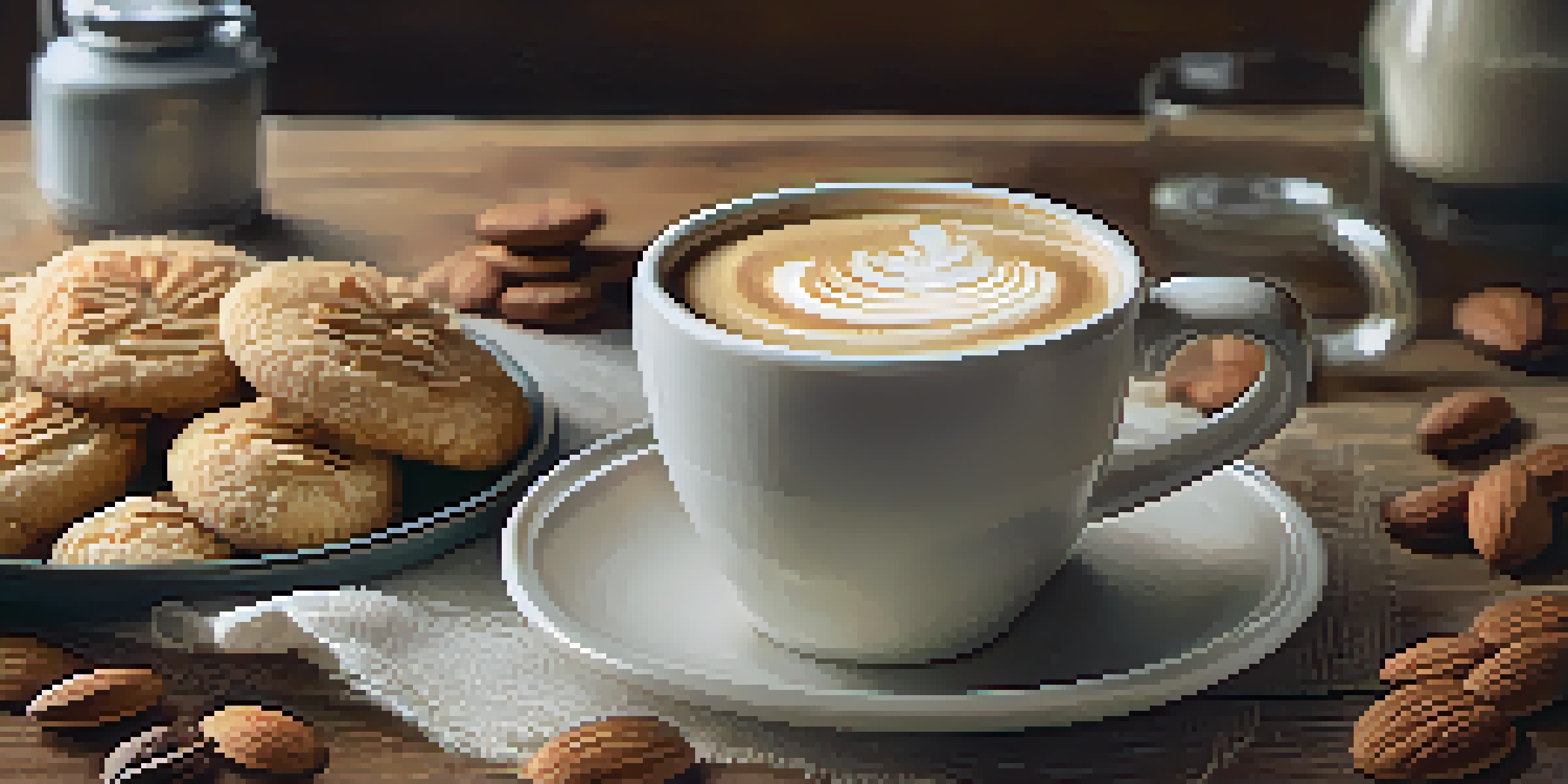 A steaming cup of coffee with frothy almond milk creamer on a wooden table, accompanied by almond cookies, in a cozy kitchen setting.