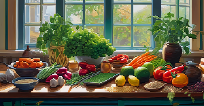A kitchen countertop adorned with various colorful vegetables, grains, and legumes, with sunlight illuminating the fresh ingredients.