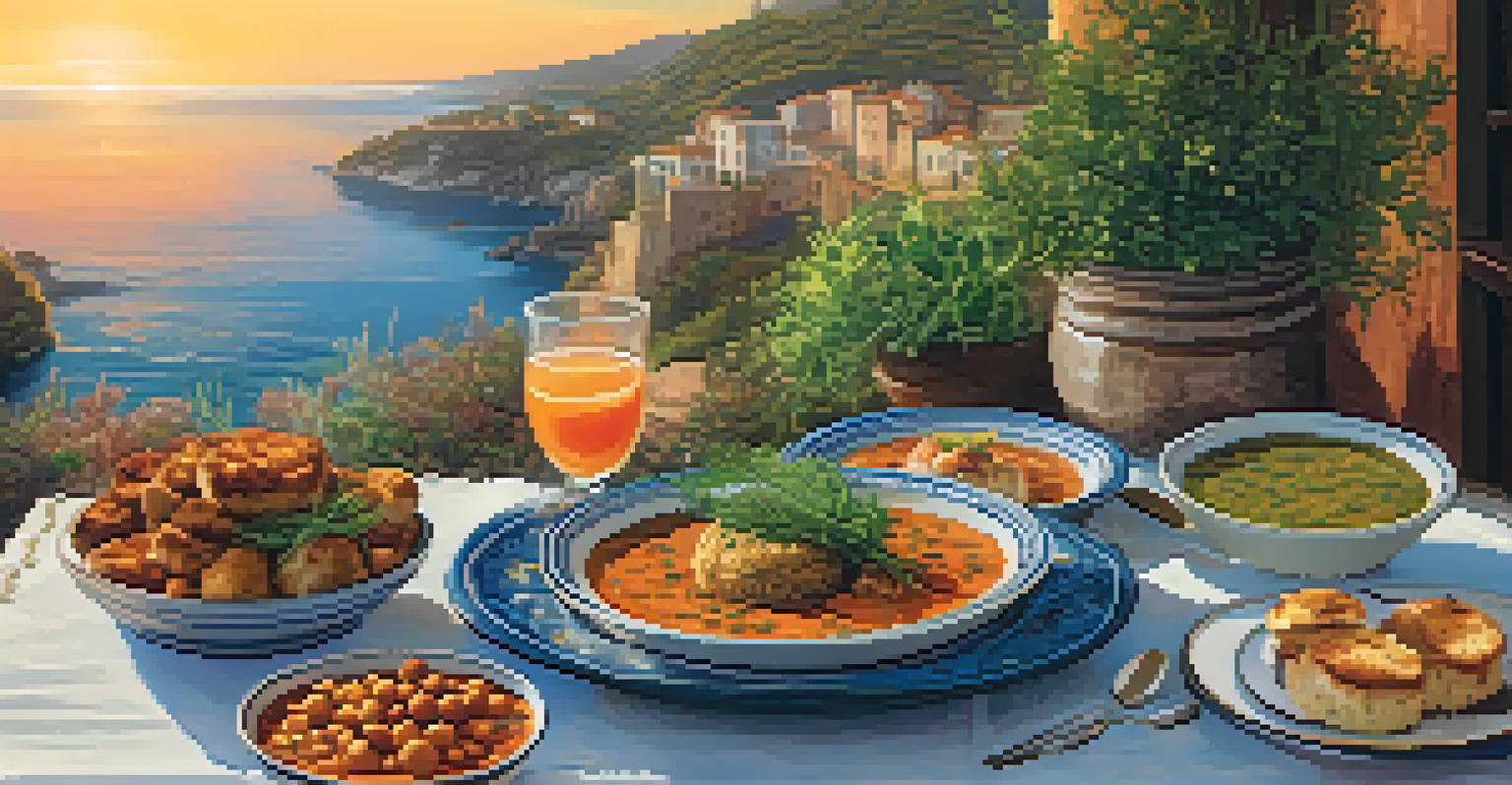 A rustic Mediterranean table filled with plant-based seafood dishes, including lentil soup and chickpea crab cakes, under warm sunset lighting.