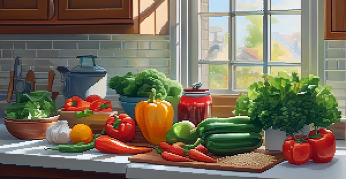 A kitchen counter filled with fresh vegetables and grains for vegan meal prep, with morning light illuminating the colorful ingredients.