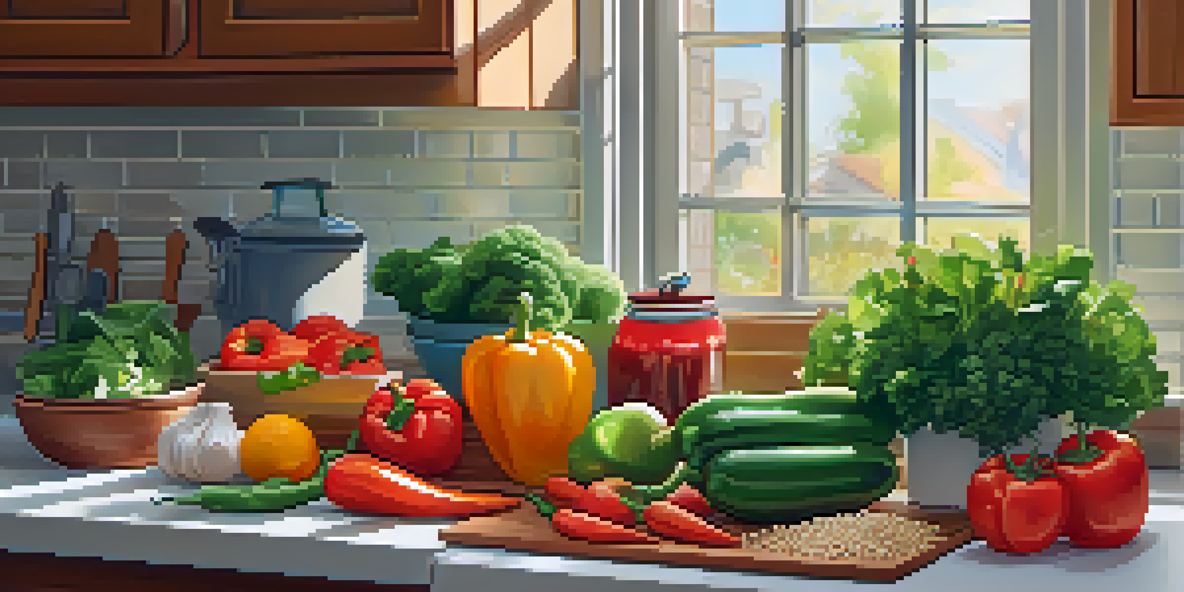 A kitchen counter filled with fresh vegetables and grains for vegan meal prep, with morning light illuminating the colorful ingredients.