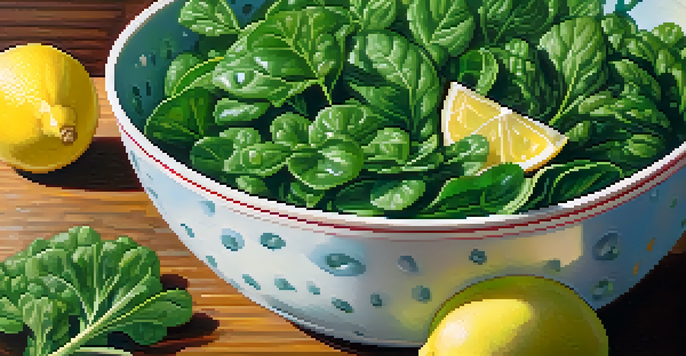 A bowl filled with fresh leafy greens like spinach, kale, and Swiss chard, garnished with lemon slices and seeds, illuminated by soft natural light.