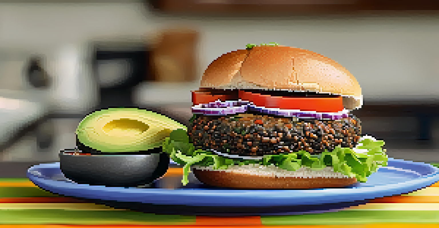 A black bean burger on a whole-grain bun with lettuce, tomato, and avocado, served with sweet potato fries.
