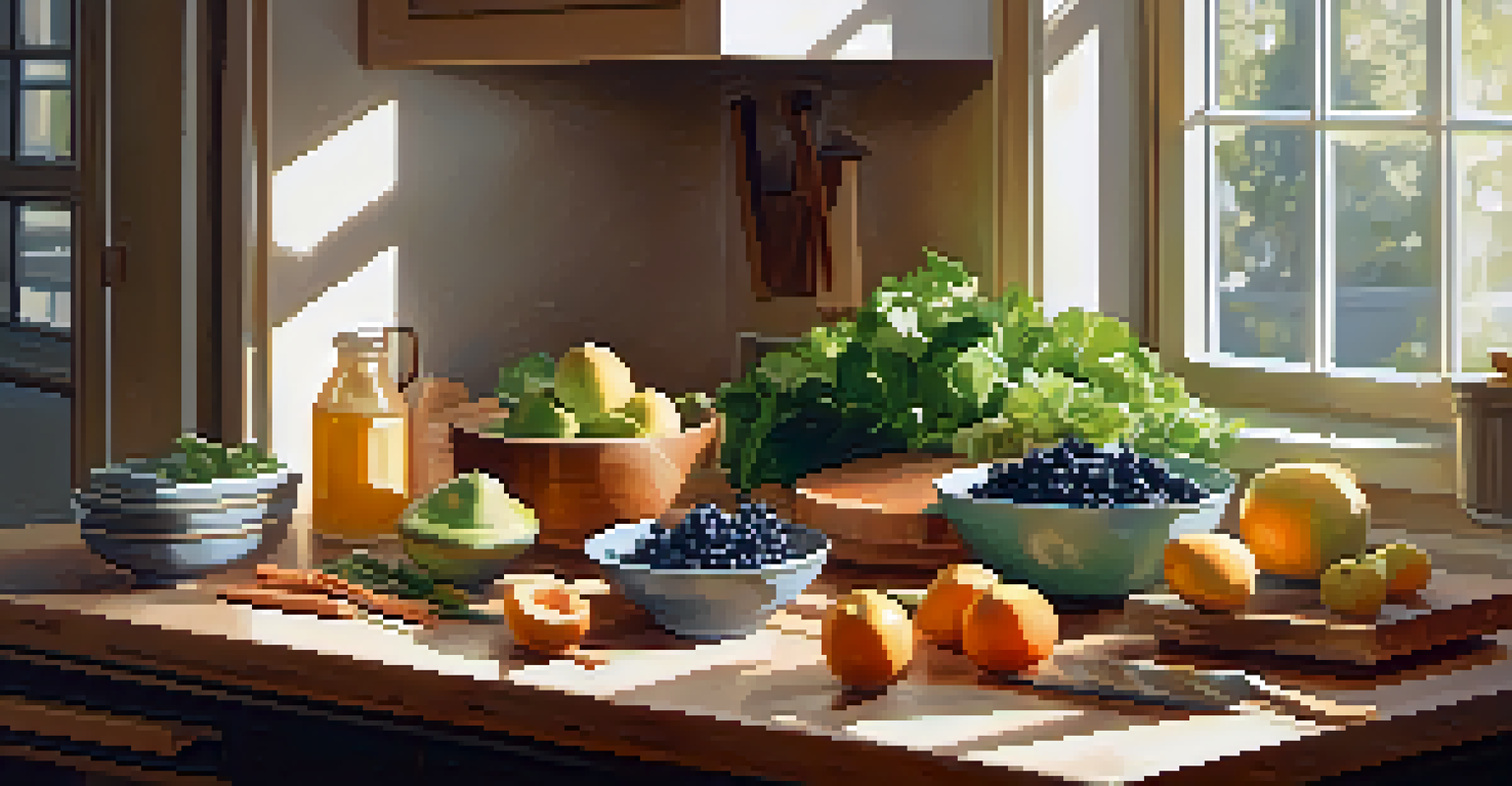 A cozy kitchen countertop with fresh fruits, greens, and grains, illuminated by soft sunlight, creating a nurturing cooking atmosphere.